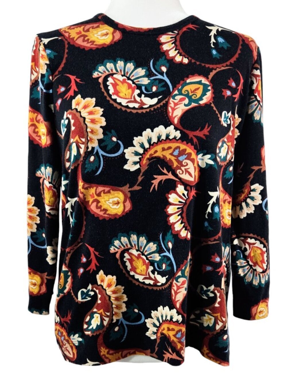 Chico's 100% Pima Cotton Black Paisley 3/4 Sleeve Crew Neck Everyday Top Boho